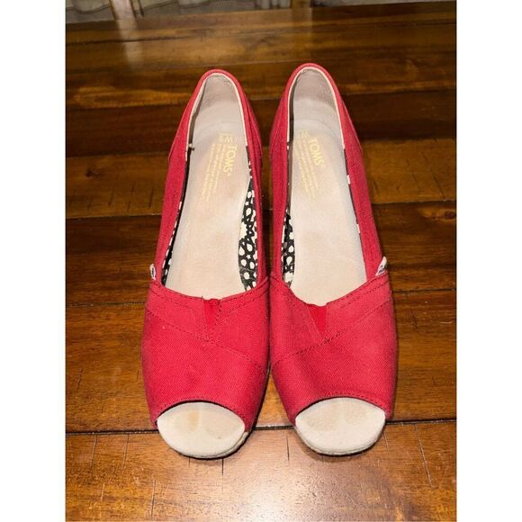 Toms Red Heeled Open Toe Wedges Womens Size 9 - Picture 1 of 8